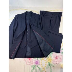 William Rogers Mens 3 Piece Suit Navy Blue Wool Blazer Vest Trousers USA Made